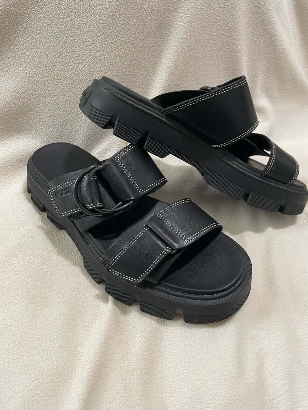 Sorel Roaming Buckle Slide Black Leather Platform Sandals Womens 8